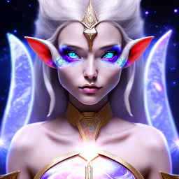 cosmic mage, elf, female, battle mage, cosmic sword, epic, cosmic magic, staff, long ears, white hair, face details, odd-eyes, pale skin, detailed eyes, jewellery