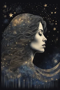 Double exposure of a female person's profile and a utopistic starry night sky, dramatic mood, dark depressive style, highly detailed intricate, surreal, stunning