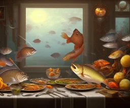 supper, fish sit at the table and eat pieces of people.