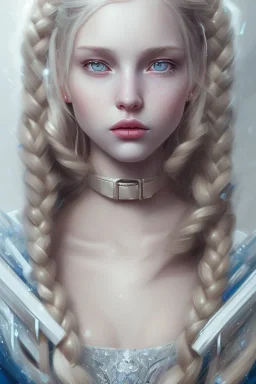 20 year old girl, cute, beautiful, blonde hair, one loose braid on left side, blue eyes, big eyes, pale skin, blue dress, ice dress, long eyelashes, pink lipstick, thin lips, small nose, 8k resolution concept art portrait by Greg Rutkowski