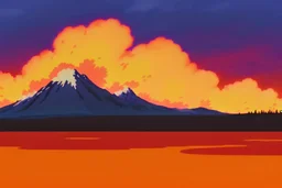 A stunning landscape shot of the fire-ravaged Alberta wilderness, flames consuming the once lush greenery, painting the sky a merciless orange. A small silhouette of Yui can be seen standing at the edge, respirator on, as she stares into the inferno.