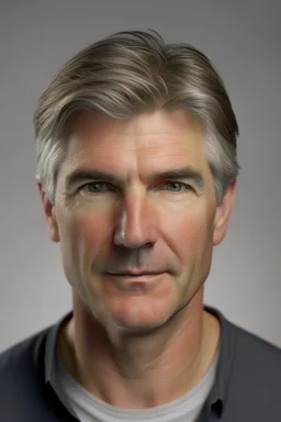 realistic, (44yr old male)without makeup, Caucasian face, studio lighting, cinematic light, handsome man, dark blond middle hair, no smile, (head frame), on light background, curiously complete, elegant, close to perfection, dynamic, highly detailed, non-symmetrical body a, detailed natural oily hair and skin texture.