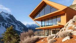 Nestled among the mountains, this contemporary house emerges as a geometric gem. The ground floor, in earthy orange tones, firmly anchors itself into the landscape, while the sharp glass upper floor offers sweeping panoramic views that seem to slice through the crisp mountain air, merging the indoors with the majesty of the outdoors.