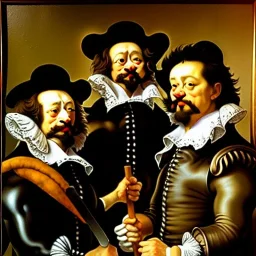 retrato cuerpo entero al oleo en canvas de tres gatos vestido como los tres mosqueteros con estilo de Rubens y Diego Velázquez y Rembrandt