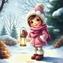 art by cheryl griesbach,carne griffith,anna Dittmann,digital painting, alcohol and ink, children storybookstyle, disney pixar style, full body seen up to the feet, a very sweetest little very happy smiling tiny girl with big sparkling eyes, wearing bright vivid pink white winter jacket and pants, boots,, scarf,wool hat,is holding a lantern,winter park, fir trees, bushes,3d,heartwarming atmosphere