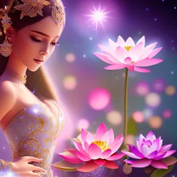 one big crystal subtle lotus in a galactic ambiance with a beautiful fairy, delicate colors, finely tuned detail, ultra high definition, 8 k, unreal engine 5, ultra sharp focus