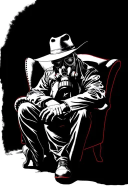 off angle of western styles man with hat (wide flat brim flat top) shading face, wearing a gas-mask, sitting forward on a wingback chair, vignette, black and white graphic novel style with a red outline on black background, gothic horror