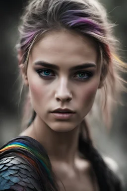 Photoreal gorgeous shot of beautiful girl with multi-colored eyes, warrior, strong, sad, resilient, vivid vertical rainbow on left side only forehead from hairline to eyebrow, long black tears below both eyes, full body, forgotten realms fantasy style by lee jeffries, otherworldly creature, in the style of fantasy movies, shot on Hasselblad h6d-400c, zeiss prime lens, bokeh like f/0.8, tilt-shift lens, 8k, high detail, smooth render, unreal engine 5, cinema 4d, HDR, dust effect, vivid color