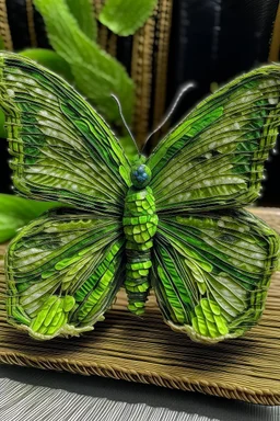 A lime green nature elemental butterfly designed in Navajo woven art painted by Gustave Courbet