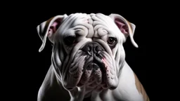 A close-up portrait of a white bulldog with a wrinkled face and droopy eyes, sitting against a dark background