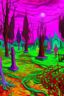 A purplish magenta haunted graveyard with ghosts painted by Vincent van Gogh