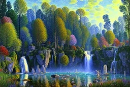 Big epic waterfall, rocks, trees, alfred sisley impressionism painting