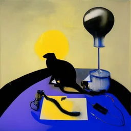 Abstract painting formed by a mix of human flesh-like surgical instruments and universe-like neuralink, a cat looking at a pigeon inside a huge bulb between light and shadow at dusk,surrealism,minimalism,Painting By Adrian Ghenie, Rene Magritte, Salvador Dali, Lucian Freud