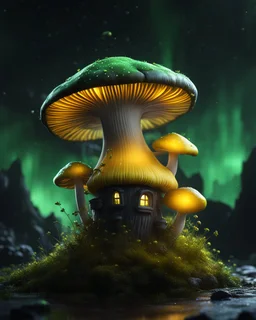 A solitary floating mushroom house on a clear night. silver and green and yellow, Dark cosmic interstellar. Detailed Matte Painting, deep color, fantastical, intricate detail, splash screen, hyperdetailed, insane depth, concept art, 8k resolution, trending on Artstation, Unreal Engine 5, color depth, backlit, splash art, dramatic, High Quality Whimsical Fun Imaginative Bubbly, perfect composition