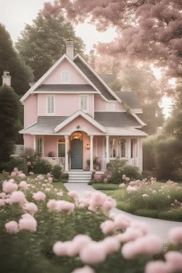 vintage style home with a cottage feel with pops of light pink flowers outside of house