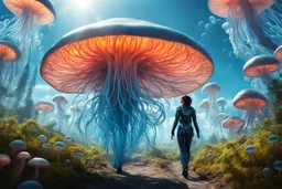 Woman in an Android suit, Walking Through Alien Mushrooms With Jellyfish Tentacles, Floating Through An Alien Forest, Photorealistic, Intricate Detail, Sunshine, Blue Sky