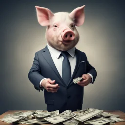 pig in suit making stacks of money by making a deal with a buisnessman