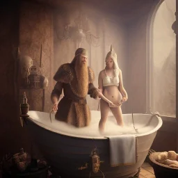 A viking and his wive having a bath, scary, steam punk, realistic, made in octane, cinematic, ultra-realistic, extremely detailed octane rendering, 8K, VRAY Super Real ar 2:3, dof photorealistic futuristic 50mm lens hard lighting dark gray tintype photograph, realistic lighting, sepia color