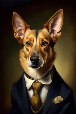 Painting, Portrait, dog in suit, Shepherd, renaissance, brown dog, one ear up one ear down
