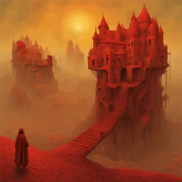 The pernicious demands of climbing the social ladder, PANIC MOVEMENT, absurd, styled by Zdzislaw Beksinski and Leonora Carrington, asymmetrical surrealism, muted colors and textures, eerie, vertigo-inducing sinister landscape of Beksinski, surreal elongated creatures and architecture of Carrington, trending on Artstation, 8k, wonderfully morbid, crimson and mustard and midnight_blue color scheme, matte oil painting, additional style by Jaume Capdevila