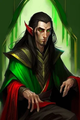 half-elf, half-human with long ears, head lowered, dark hair hanging in separate strands covering the face, only emerald-light eyes are visible, black robe and red lines from the shoulders, going closer to the neck and going down, dividing the black and red shirt, golden ones are visible lines the whole body sits on a chair with one hand holding a spear holding a spear slightly transparent black female hands on the sides stand in human height shadows like guards