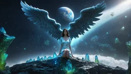 angels with a beautiful face with a wings siting on the monolith made of blue tiberium crystals of lights, matrix universe, planets on the back grounds, green crystals of tiberium on the life and right