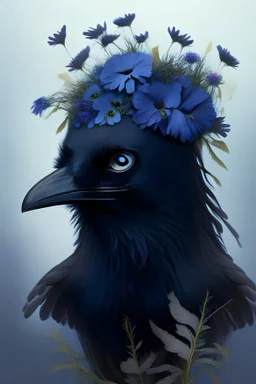 spookie Raven with wild blue flowers on the head