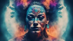 portrait Shaman, mysticism, esotericism, sinister, witchcraft, tattoo, bright colors, double exposure