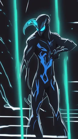 Mix between venom symbiote and genji in solo leveling shadow style with neon glowing blue