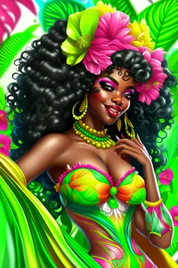 Create a digital airbrush cartoon of a curvy African American female wearing Brazilian carnaval outfit outfit that's pink, green and white. Prominent make up with hazel eyes. Highly detailed very long extremely curly black hair. Her skin is smooth and silky. Background of a judge full of colorful flowers