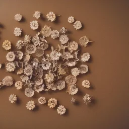 circle arrangement of small pressed dried flowers, aesthetic layout, beautiful composition, vintage, brightly lit, tender