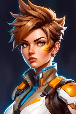 Highly detailed portrait of Tracer from Overwatch, by Loish, by Bryan Lee O'Malley, by Cliff Chiang, by Greg Rutkowski, inspired by Capcom