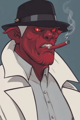 A red demon wearing a police outfit smoking a cigerate.