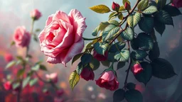 Climbing rose, background. Majestic, Gorgeous, epic, beautiful. Realistic. Digital oil painting art, vibrant colors, high quality, digital painting in 24 colors, vivid colors. Masterpiece, perfect composition. Clear image. Centered image. Ultra HD. 64K. Art by Willem Haenraets.