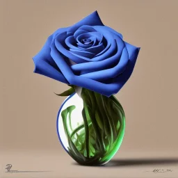 A blue rose in a modern orange vase