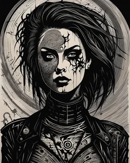 create an abstract, deeply powerful tragic and evocative, full body woodcut of a raw and weathered goth punk female with highly detailed and deeply engraved facial features, lost in a horrific post apocalyptic world, in the style of modern contemporary woodcut, searing lines and forceful strokes