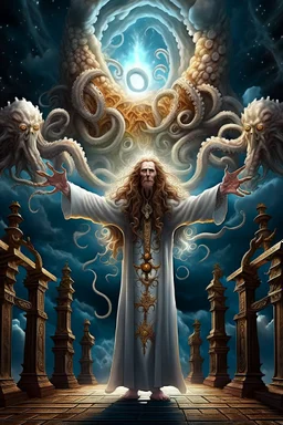 a cross with octopus arms up towards heaven, hair standing straight up, fluffy clouds, intense eyes,looking upwards, white pupils, close facial portrait of the streetwise magician posing in elaborate cape, angels and demons, fireflies , staircase with closed gates of heaven, 4 k, down light, depth of field, trending on art station, high detail, cracked ground