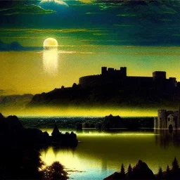 Drawing of 'Medieval Romanian Castle',mountain,lake,full moon, by gaston bussiere, greg rutkowski, yoji shinkawa, yoshitaka amano, tsutomu nihei, donato giancola, tim hildebrandt, oil on canvas, cinematic composition, extreme detail,fit full head inside picture,16k