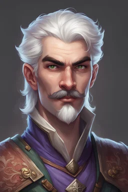 Generate a dungeons and dragons character portrait of the face of a male order of scribes wizard handsome svirfneblin. He has white eyebrows. He has white hair, eyebrows, moustache and goatee. He's 19 years old.