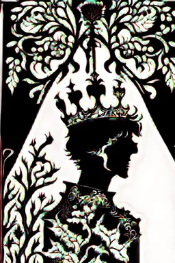 A shadowed hand holds a highly detailed, hand drawn skull, anatomically correct, with a crown hovering above, representation of Hamlet by John Austen, in the Aubrey Beardsley style, inspired by the gothic, macabre and fantastical, highly aesthetic, art nouveau design with striking black-and-white illustrations with hints of Red, Beardsleyesque, high quality, modern classical art, Hamlet Skull