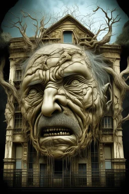 surrealis monochrome A fragmented, surreal sculpture liguid color of photorealistic image 3d,psychedelic art of an old man face glossy emerging from dreamlike a crumbling building. The face appears pale with deep cracks and intricate details, evoking a haunting expression. Blackened tree branches intertwine with the gold mengkilat cracks, set against a backdrop of stormy, cloud-filled skies. bauhaus art The overall tone is dark and moody, suggesting themes of decay and transformation. Include