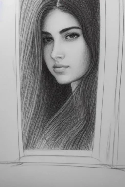 Pencil sketch of Young woman look through the window , Arab features,sad, long wavy hair, full body، on lined paper