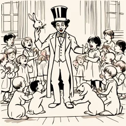 A magician stands in front of a group of children who sit in front of him on a mat on the floor and pulls out a rabbit from a top hat, the children look open-mouthed and wide-eyed and clap their hands, in the background a parrot stands on a pole and observes what is happening