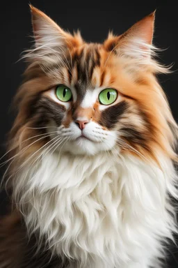 Gato de pelo largo, ondulado y abundante, orejas puntiagudas, ojos verdes brillantes, colores anaranjado, blanco y negro, calidad ultra