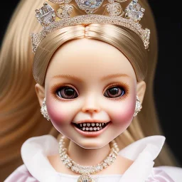 close up of dollie deluxe, bright eyes, post card, toy train, two big front teeth, skin imperfection, worn skin, white teeth, princess tiara