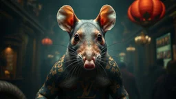 Very realistic hyper-detailed atmospheric atmospheric professional photograph of a bald diametrical Rat with Yakuza tattoos and a head-to-toe Loius Vuitton monogram logo vertically looking into the camera, shot by Steven Meisel. The atmosphere is surreal and fantastical, reminiscent of Hieronymus Bosch's style, with a touch of grim academicism. Sharp focus, intricate detail, high contrast and the texture of 60mm film shot in the style of a Hasselblad camera. The scene is filled with Renaissance