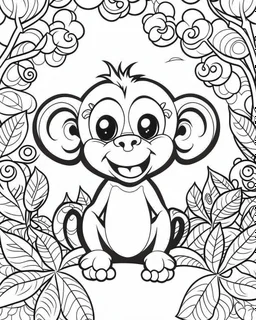 create a 2d black outline, "safari smiling cartoon baby monkey coloring book for toddlers", coloring page, low details design, black contour, coloring page design, simple background, colorful , card style, coloring page for kids, white background, sketch style, safari landscape, cartoon style