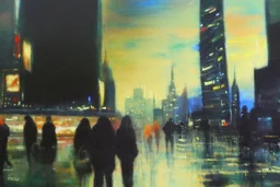 Futuristic City, city lights, people, street, Blade runner influence, philip wilson steer impressionism painting