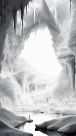 Imaginary Landscape of a caves in multiple layers underground all white
