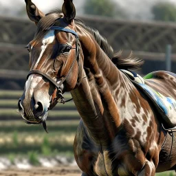 A hyper-realistic image of a racehorse in a race, with close-up photo-realistic hyper details, unique textures, and dynamic movement --ar 4:3 --v 7